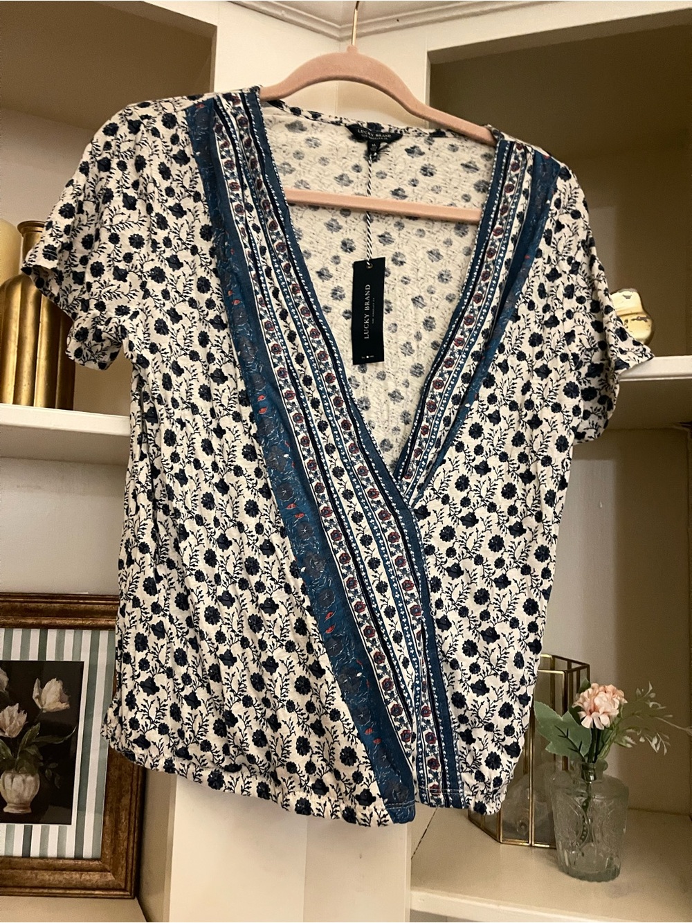 Lucky Brand Cream and Navy Floral Wrap-Style Short Sleeve Top
